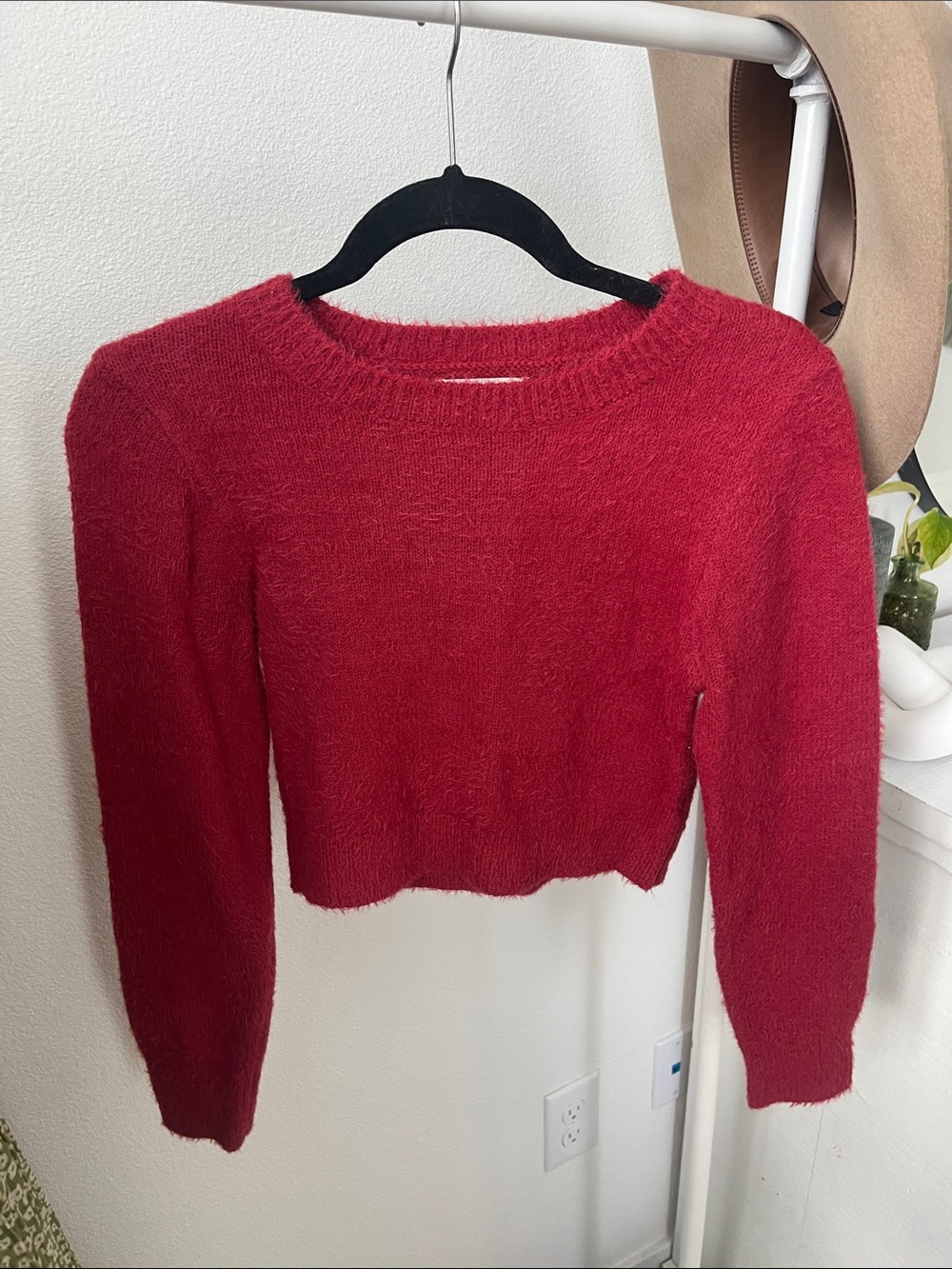 Urban Outfitters Red Fuzzy Cropped Crewneck Sweater